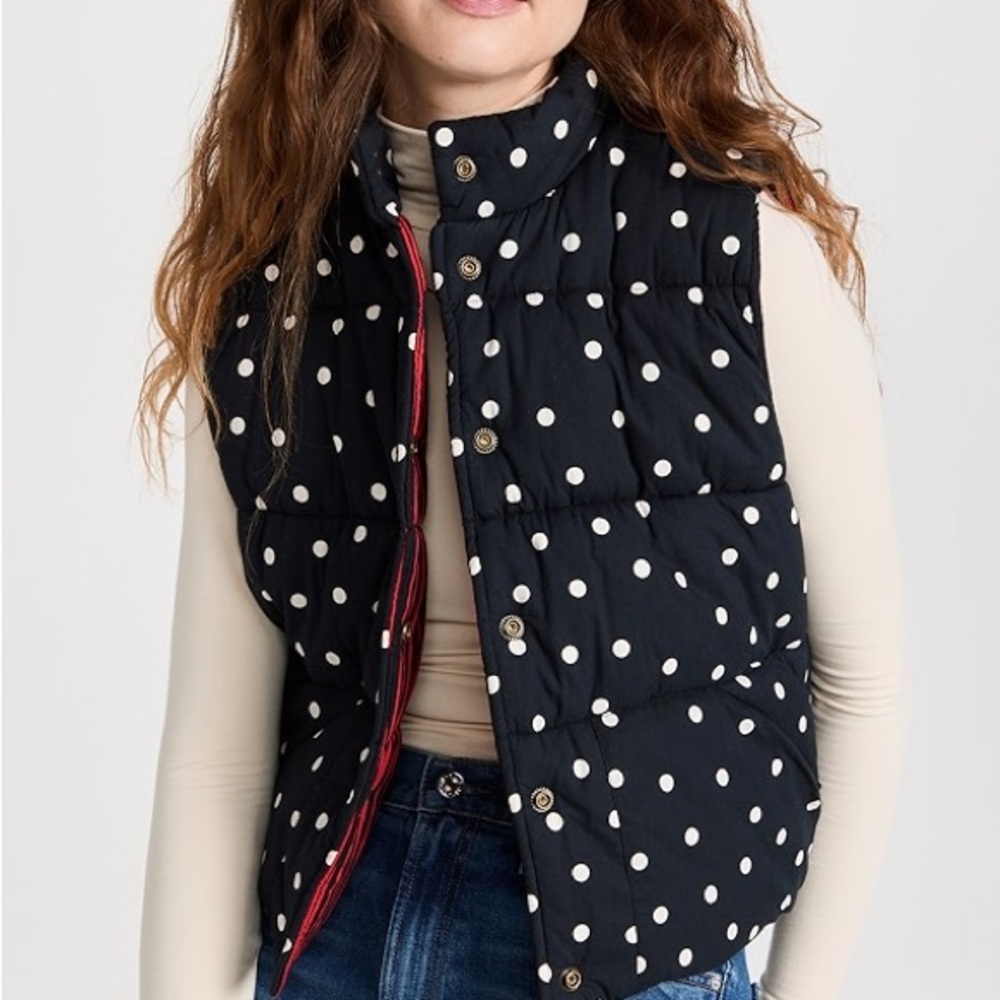 Clare V Navy Polka Dot Quilted Vest with Red Trim Accent